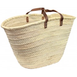Couffin En Palmier Tressé - Bordure Et Grandes Anses En Cuir - Panier Décoration Et Rangement - Style Naturel Et Authentique