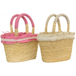 Cabas pour enfant en paille naturelle avec tissu coloré à pois